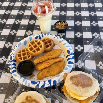 Breakfast Menu:, Egg Sandwich, Waffles, Chicken Tenders, Yogurt Parfait